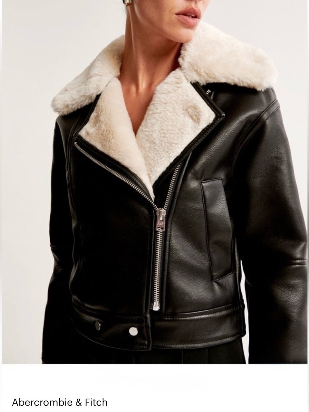 Abercrombie Black Vegan Leather Moto Jacket w Faux Shearling Collar Coat- S